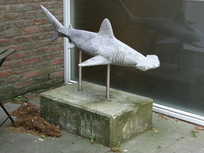 908073 Afbeelding van een natuurstenen beeldje van een hamerhaai, bij het pand Bruntenhof 2 te Utrecht.